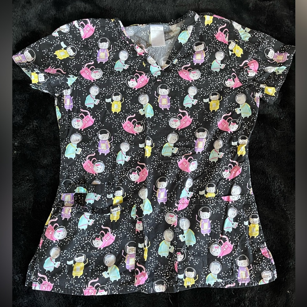 Colorful Cat Astronaut Print Scrub Top Cherokee size Small